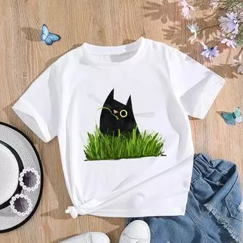 (Азиатский размер) Женская модная футболка с котом и растением, забавная трендовая одежда, футболка с принтом, женские футболки с короткими рукавами и графикой S