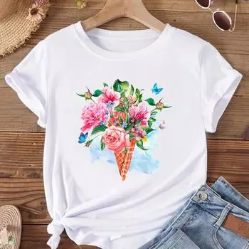 (Азиатский размер) Женская модная футболка с круглым вырезом, акварелью и сладким цветком, одежда, футболка с принтом, женские футболки с короткими рукавами и графикой S