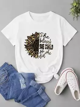 (Азиатский размер) Женская модная футболка с леопардовым цветком и надписью с коротким рукавом, верхняя одежда, женская повседневная футболка с принтом, женские футболки с графическим рисунком S