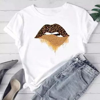 (Азиатский размер) Женская модная футболка с леопардовым принтом и губами, женская футболка, футболка с короткими рукавами и принтом, тренд 90-х, милые милые футболки с рисунком S