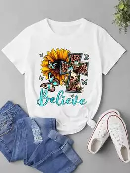(Азиатский размер) Женская модная футболка с леопардовым цветком в стиле 90-х годов Faith с коротким рукавом, верхняя одежда с принтом, женская повседневная футболка, женские футболки с графикой S