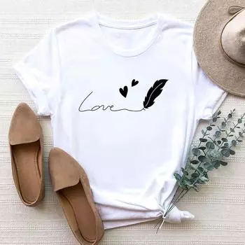 (Азиатский размер) Женская модная футболка с перьями и любовными буквами, милая одежда с принтом, модная футболка, женские футболки с короткими рукавами и графикой S
