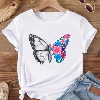 (Азиатский размер) Женская модная футболка с рисунком бабочки, милая одежда 90-х годов, футболка с принтом, модная футболка, женские футболки с коротким рукавом и графикой S