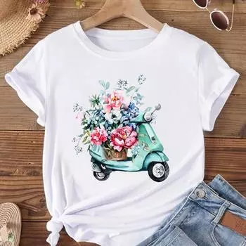 (Азиатский размер) Женская модная футболка с велосипедным цветком, акварельный стиль, одежда 90-х годов, футболка с принтом, женские футболки с коротким рукавом и графикой S