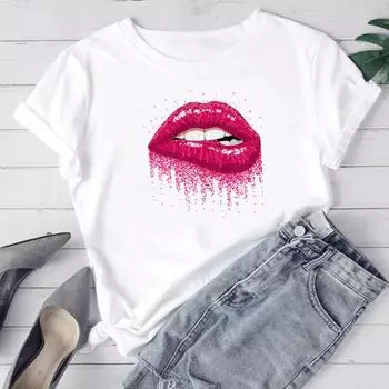 (Азиатский размер) Женская модная футболка в стиле губ, милая трендовая мода 90-х годов, женская футболка, футболка с коротким рукавом и принтом, футболки с графикой S