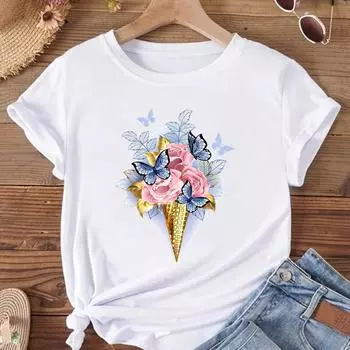 (Азиатский размер) Женская модная футболка в стиле бабочки в стиле 90-х годов, футболка с принтом, женские футболки с коротким рукавом и графикой S