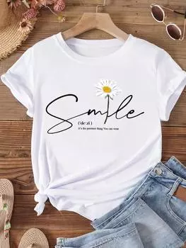 (Азиатский размер) Женская модная одежда с буквенным и цветочным принтом, милая модная одежда с коротким рукавом, повседневная футболка, женская футболка с принтом, женские футболки с графическим принтом S