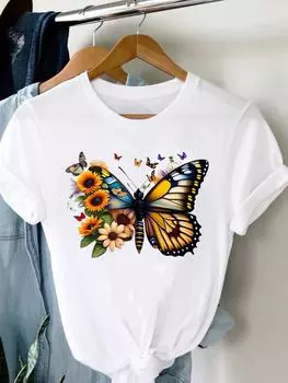 (Азиатский размер) Женская модная женская футболка с короткими рукавами и принтом бабочек в стиле 90-х, повседневная футболка, женские футболки с графикой S