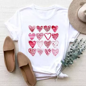(Азиатский размер) Женская одежда Футболка с принтом Модная футболка Женщина Любовь Стиль 90-х годов Мультфильм Тренд Женские футболки с короткими рукавами и графикой S