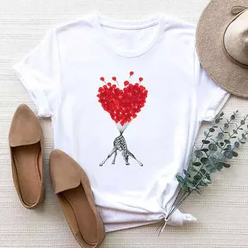 (Азиатский размер) Женская одежда, милая футболка с принтом «Любовь животных» в мультяшном стиле 90-х годов, модная футболка, женские футболки с коротким рукавом и графикой S