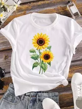 (Азиатский размер) Женская одежда прекрасный цветок милый повседневный футболки топ короткий рукав футболка модный принт женские женские графические футболки S