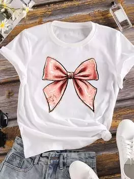 (Азиатский размер) Женская одежда с бантом в стиле 90-х, повседневные футболки, футболки с коротким рукавом, модные женские футболки с графическим принтом S