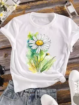 (Азиатский размер) Женская одежда в стиле акварель тренд 90-х повседневные футболки топ с коротким рукавом футболка модные женские принты графические футболки S