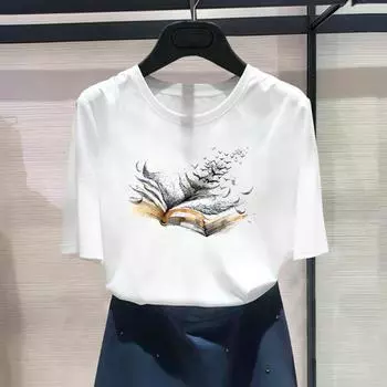 (Азиатский размер) Женская повседневная футболка с модным принтом, футболка с цветочным принтом, повседневная винтажная женская футболка с коротким рукавом и графическим принтом S