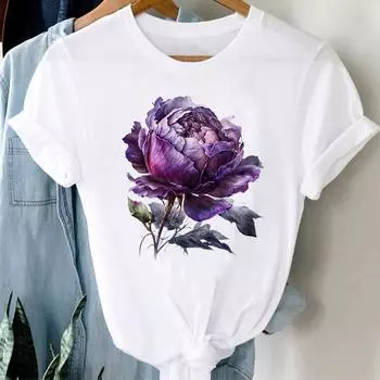 (Азиатский размер) Женская женская футболка с цветочным принтом, сладкий тренд, верхняя одежда в стиле 90-х годов, повседневная модная футболка с короткими рукавами, женские футболки с графическим рисунком S