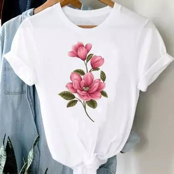 (Азиатский размер) Женская женская футболка с милым цветочным принтом и милым принтом, повседневная модная футболка с короткими рукавами, женские футболки с графическим рисунком S