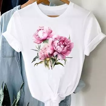 (Азиатский размер) Женская женская футболка с принтом, цветочный акварельный стиль, милая одежда 90-х годов, повседневная модная футболка с коротким рукавом, женские футболки с графикой S