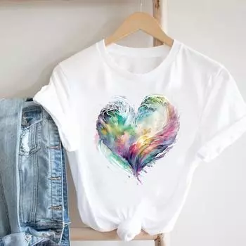 (Азиатский размер) Женская женская футболка с принтом Love Heart Trend, милая сладкая одежда, повседневная модная футболка с короткими рукавами, женские футболки с графическим рисунком S