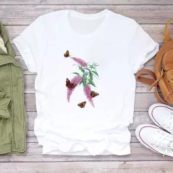 (Азиатский размер) Женская женская футболка с принтом, верхняя одежда с бабочкой, милая повседневная модная футболка с короткими рукавами и цветами в стиле 90-х годов, женская футболка с графическим рисунком S