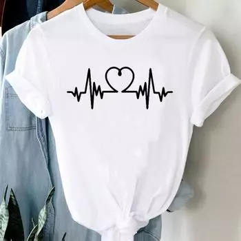 (Азиатский размер) Женская женская футболка с принтом Heartbeat Trend, милая одежда для любви, повседневная модная футболка с короткими рукавами, женская футболка с графическим рисунком S