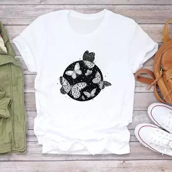 (Азиатский размер) Женская женская футболка с принтом и бабочкой в стиле 90-х, милая, милая трендовая одежда, повседневная модная футболка с короткими рукавами, женская футболка с графическим рисунком S