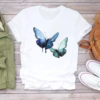 (Азиатский размер) Женская женская футболка с принтом в стиле бабочки, милая трендовая одежда 90-х годов, повседневная модная футболка с короткими рукавами, женская футболка с графическим рисунком S