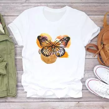 (Азиатский размер) Женская женская футболка с принтом, верхняя одежда, стильная трендовая повседневная футболка с короткими рукавами и бабочкой, женская футболка с графическим рисунком S