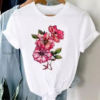 (Азиатский размер) Женская женская футболка с принтом, верхняя одежда, акварель, сладкий тренд 90-х годов, милая повседневная модная футболка с коротким рукавом, женские футболки с графикой S