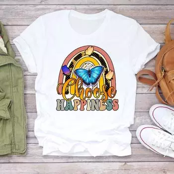 (Азиатский размер) Женская женская футболка с принтом и бабочкой, трендовая милая одежда 90-х годов, повседневная модная футболка с короткими рукавами, женская футболка с графическим рисунком S