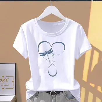 Азиатский размер - женская женская футболка T Dragonfly Sweet Love Trend Style Женская одежда Повседневный летний топ с принтом Модная футболка с коротким рукавом и рисунком S