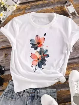 (Азиатский размер) Женские футболки с цветочным принтом, милая верхняя одежда, повседневная футболка с коротким рукавом, модные женские футболки с графическим принтом S