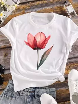 (Азиатский размер) Женские футболки Верхняя одежда прекрасный цветок милый повседневный короткий рукав футболка футболка модный принт женские женские графические футболки S