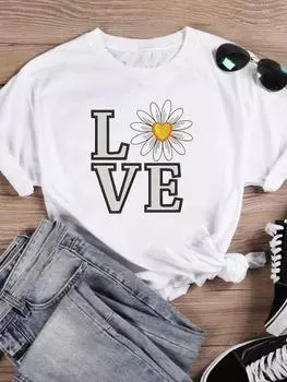 (Азиатский размер) Женский топ, футболка, повседневная модная футболка с принтом, женская футболка с милым милым цветочным принтом, повседневная футболка с коротким рукавом и рисунком S