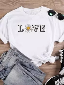 (Азиатский размер) Женский топ с надписью «Любовь» в цветочном стиле, милая футболка, повседневная модная женская футболка с принтом, повседневные футболки с короткими рукавами и графикой S