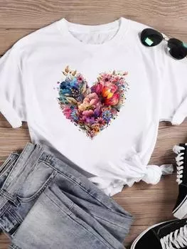 (Азиатский размер) Женский топ T Love Heart Цветочный стиль Трендовая одежда Повседневная модная женская футболка с принтом Повседневная футболка с коротким рукавом S