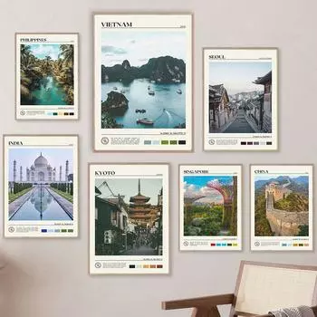 Азиатский туристический холст, постер, Вьетнам, Филиппины, Япония, Южная Корея, Индия, Китай, Сингапур, городской пейзаж, принты, декор для гостиной, стены 21x30cm No Frame