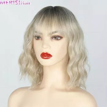 Azqueen Water Wave Короткие волосы с челкой Синтетические парики с аккуратной челкой для женщин Светлые розовые бежевые коричневые цвета