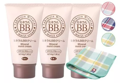 Azuma Shoji Mineral BB Cream Tabibijin 40 г x 3 флакона, набор полотенец, носовой платок SPF35/PA+++ [Imabari входит в комплект] (Проверено)