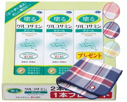 Azuma Shoji Painting Глюкозаминовый крем Содержит глюкозамин 60 г x 3 комплекта полотенец Носовой платок 8% [Включая Имабари] (Клетчатый узор)