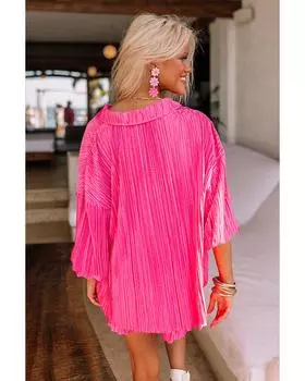 Azura Exchange Комплект одежды для отдыха: плиссированная рубашка с рукавами 3/4 и шорты с высокой талией L ярко-розовый