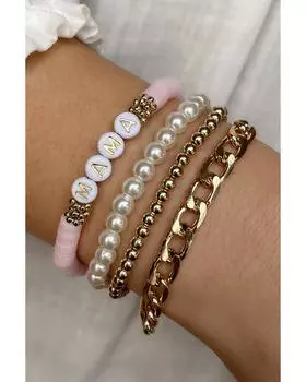 Azura Exchange 4PCS MAMA Pearls Beaded Chain Bracelets Set ONE SIZE золотой