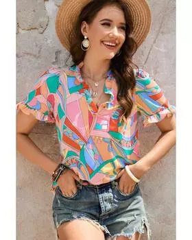 Azura Exchange Abstract Geometry Print Frilled V Neck Blouse S разноцветный