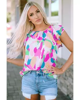 Azura Exchange Abstract Pattern Ruffle Short Sleeves Blouse S разноцветный