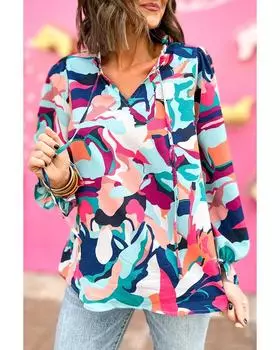 Azura Exchange Abstract Print Frill V Neck Long Sleeve Blouse L разноцветный