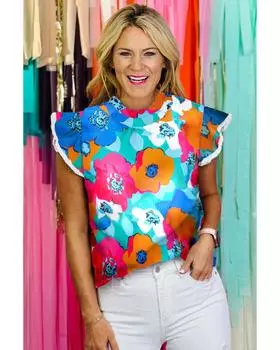 Azura Exchange Abstract Print High Neck Flutter Sleeves Top S небесно-голубой