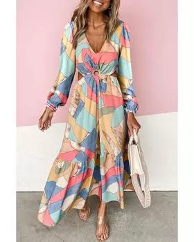 Azura Exchange Abstract Print O-ring Cut out Long Sleeve Maxi Dress M разноцветный