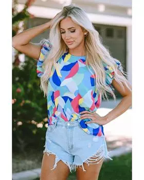 Azura Exchange Блузка с абстрактным принтом и оборками на рукавах M разноцветный