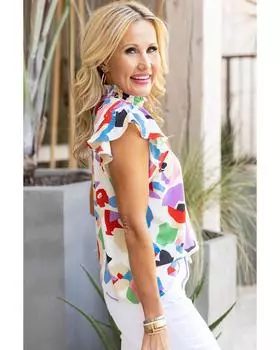 Azura Exchange Abstract Print Ruffle Sleeve Smocked Blouse S разноцветный