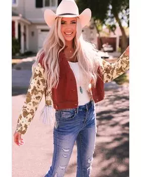 Azura Exchange Abstract Print Sleeve Back Fringed Cropped Denim Jacket XL красный