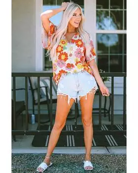 Azura Exchange Abstract Print V Neck Half Sleeve Blouse L оранжевый